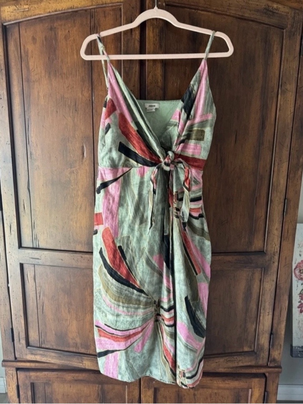 Jason Wu Linen Blend Surplice Faux Wrap Tie Front Midi Dress Tropical Size 8 - Picture 2 of 6